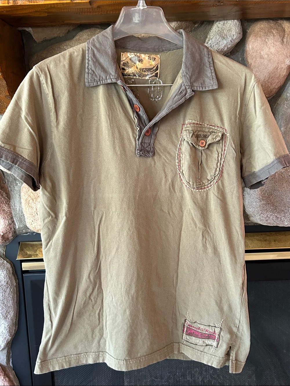 Kaporal Men's Olive Short Sleeve Embellished Polo T-Shirt, Size L